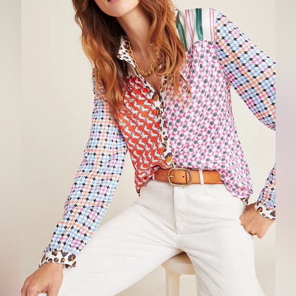 NWOT Maeve Anthropologie Bernadette Mixed Print Blouse Size Small button down - Picture 6 of 6